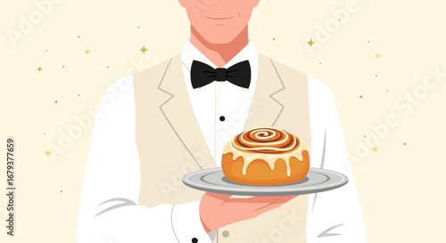 Waiter Presenting a Delightful Cinnamon Roll on a Silver Platter for a Customer