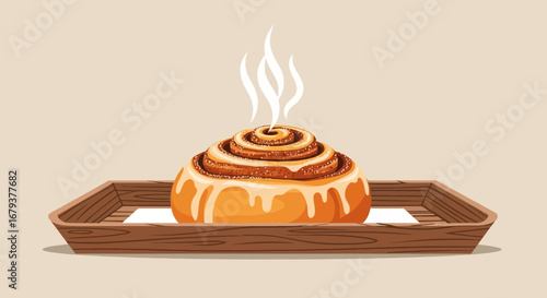 Warm Cinnamon Roll Freshly Baked On Wooden Tray, Sweet And Flavorful Dessert