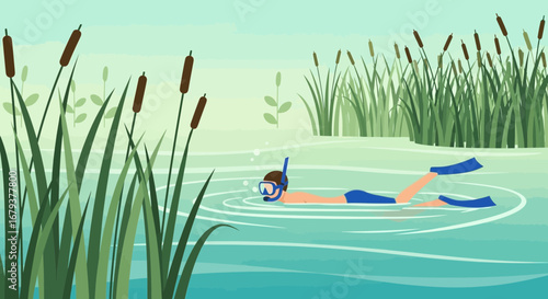 Swimmer with snorkeling gear in a serene lake surrounded by reeds and nature illustration