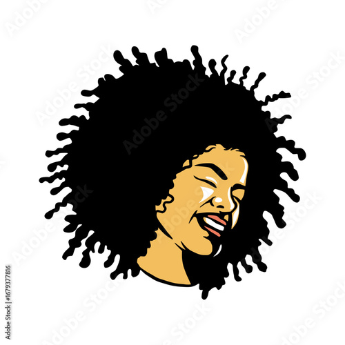 Joyful woman with afro laughing with eyes closed, expressive face and vibrant energy
