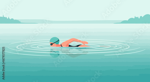 Swimming Athlete In Open Water Demonstrates Fitness, Wellness, Endurance, And Healthy Lifestyle
