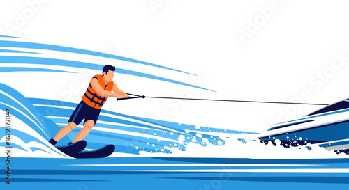 Watersports Thrill: Depiction Of A Waterskier Being Pulled Vigorously By A Powerboat