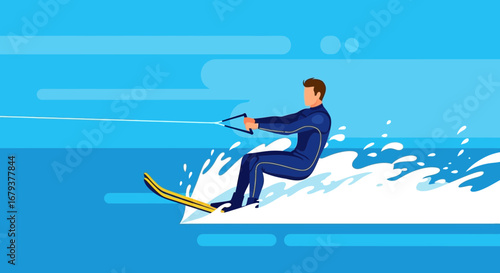 Waterskiing Adventure: Vibrant Illustration of a Person Enjoying Watersports in the Ocean