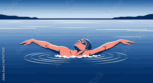 Swimming Athlete Styles, Open Water Sport, Artistic And Dynamic Illustration Scene