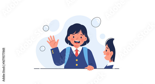 Welcome New School Day, Students Waving Together After School, Friendship, Happiness Illustration