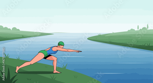 Waterfront Yoga Practitioner Engaging In Stretching Exercise, Reaching Towards Nature