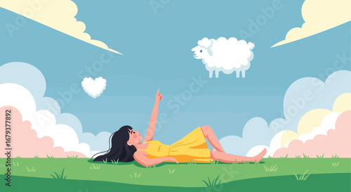Whimsical Afternoon Embrace: Woman Dreaming Beneath Fluffy Clouds And A Cheerful Sheep