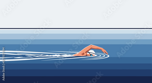 Swimming Illustration Depicting Athlete Executing Freestyle Stroke Across Calm Water Seamlessly