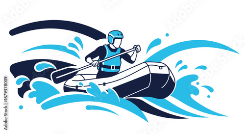 Whitewater Rafting Adventure Depicting Courageous Person Rowing on Turbulent Waters