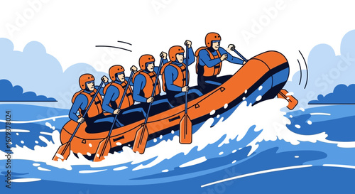 Whitewater Rafting Adventure: Illustrative Depiction of Teamwork and Outdoor Recreation