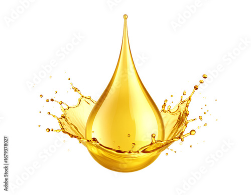 A thick gold color oil drop with splashes isolated on a transparent background.