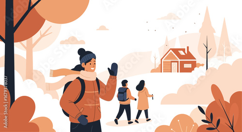 Winter Adventure Depicted In A Flat Illustration of People Hiking In The Wilderness