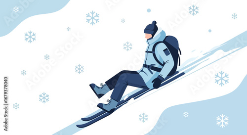Winter Adventure: A Skiing Expedition Through Snowfall, Flat Illustration Style