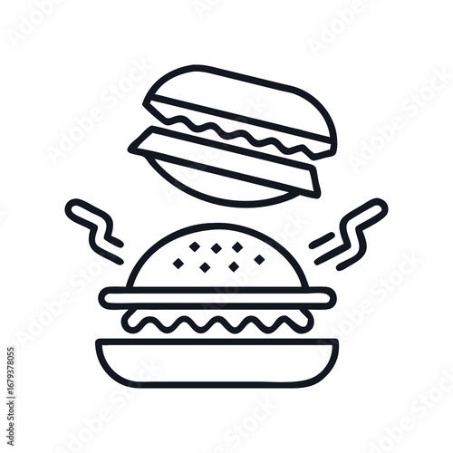 Monochrome Burger icon with Delicious Aroma, Top Bun Separated, on White Background, burger being flipped grill icon vector illustration