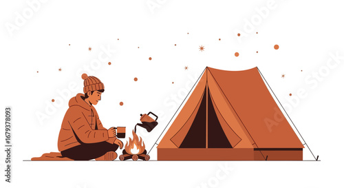 Winter Campfire Cocoa Enjoyment: A Cozy Outdoor Experience Amidst A Snowy Landscape