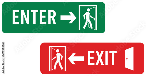 Clear signs indicating entry and exit points with directional arrows and pictograms.