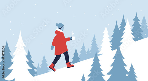 Winter Person Enjoying Warm Drink While Hiking Through Snowy Forest Illustration
