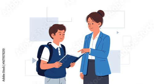 Teacher helping a young student with his reading assignment, educational illustration