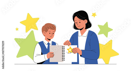Teacher rewarding student with a star for good work in school and showing appreciation