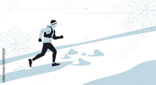 Winter Runner Ascends Hillside In Snowy Cold Terrain Silhouette Graphic Illustration