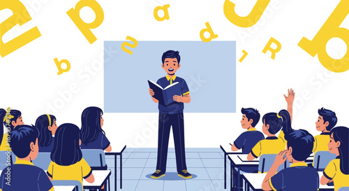 Teacher Reading Book In Front Of Students, Classroom Scene, Education Concept Illustration