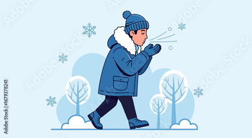 Winter Walk: A Cozy Person, Blowing On Hands, Amidst Snowflakes And Trees