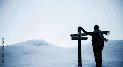 Winter Traveler Choosing Direction at Signpost in Snowy Mountain Landscape Adventure