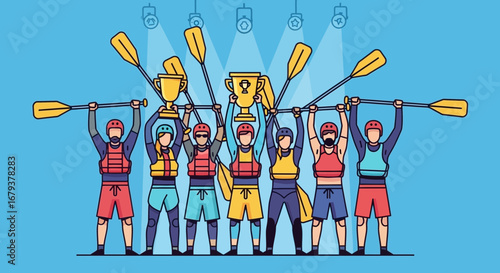 Team Celebrates Victory, Trophy Awarded, Achieving Success in Kayaking Competition