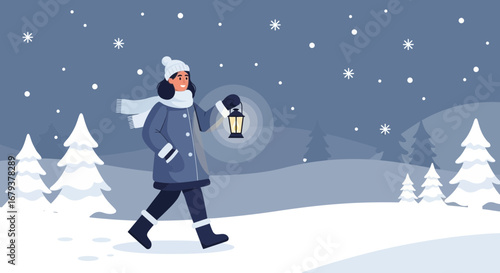 Winter Walk By Light, A Person Exploring Snowy Landscape On Cold Season