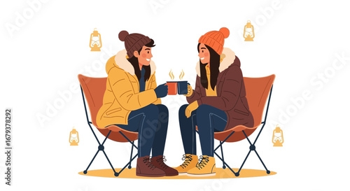 Winter Warmth: Two Friends Share Coffee And Enjoy Fireside Comfort Outdoors