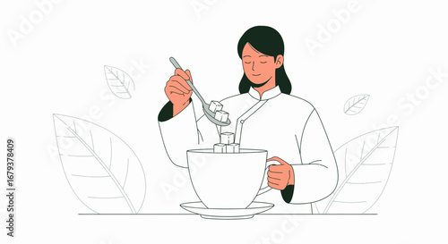 Woman Adding Sugar Cubes To Coffee In The Morning, Creating Sweet Drink