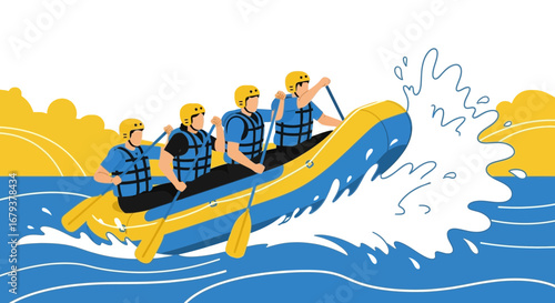 Team Paddling Through Rapids on a Whitewater Rafting Adventure into Thrilling Waters