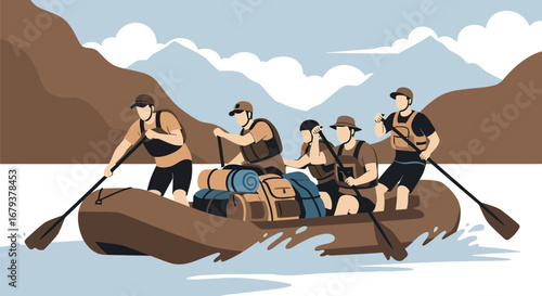 Team Rowing Adventure Amidst Majestic Mountain Vista, Illustrating Outdoors