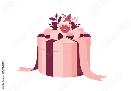 Beautiful pink round gift box with floral arrangement and ribbon decoration
