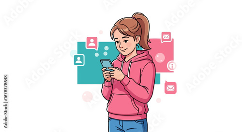 Teenager Connected To Her Mobile Device Communicates Online Through Social Media