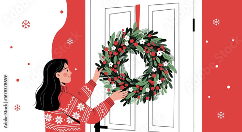 Woman Adorning Front Door With Festive Wreath And Seasonal Decorations To celebrate the winter!