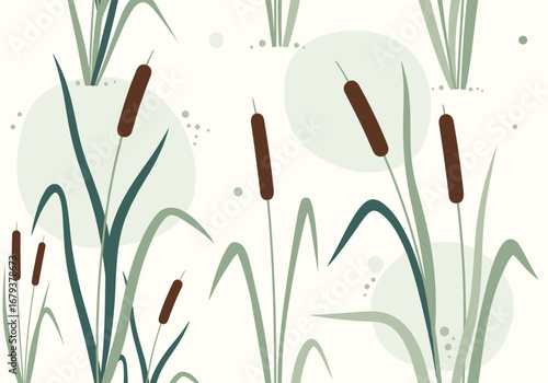 Tall cattails sway gently in a serene wetland landscape with soft light circles
