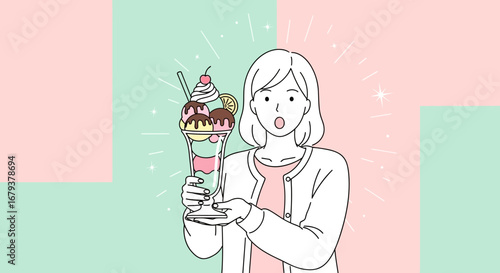 Woman Amazed By Ice Cream Sundae In A Glass Illustration, On Pink And Green Background