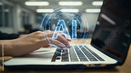 Close Up of Hands Typing on Laptop Displaying a Blue AI Sphere in a Blurred Office Setting with a Wood Table