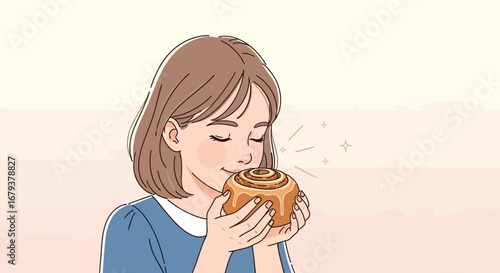 Woman Appreciating Aroma Of A Freshly Baked Cinnamon Roll Illustration Concept
