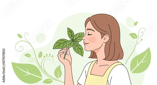 Woman Appreciating the Fresh Scent of Green Basil Leaves and a Serene Moment