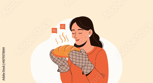 Woman Appreciating The Freshly Baked Loaf Of Bread With Delicious Aroma And Scents