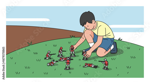 The Boy's Playful War Game Depicting Childhood Imagination, Creative Mindset, And Delight
