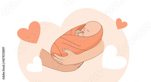 Tender Newborn Child Swaddled in Arms, Surrounding With Affection and Maternal Love Always