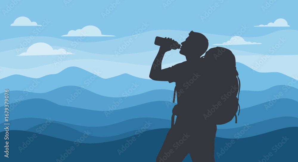 Obraz premium Thirsty Hiker Pauses to Quench Thirst, Enjoying Serene Mountainscape Backdrop