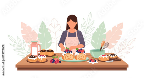 Woman Arranging Berries On Pastries, Creating Sweet Treats, And Baking Delights For Dessert