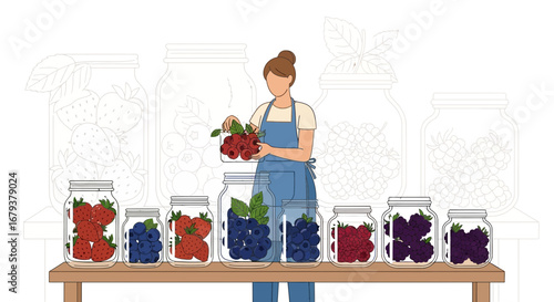 Woman Arranging Berries In Jars, Depicting Freshness And Homemade Food Preservation