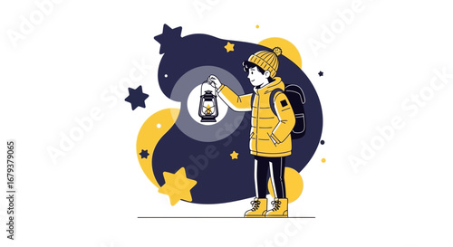 The Young Adventurer Holding A Lantern Amidst The Starlit Night Sky, Explore Now