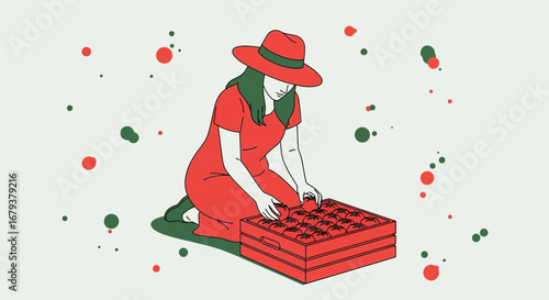Woman Arranging Red Tomatoes Into a Crate With Hat And Dress Artwork Style