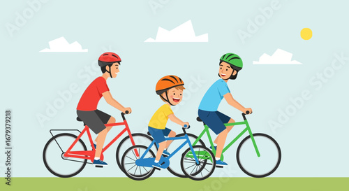 Three Individuals Cycling Together, Enjoying Outdoors, Representing Friendship And Health